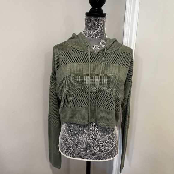 Garage M Olive Green Open Knitted Monochrome Striped Cropped Hoodie Pullover - Picture 13 of 15